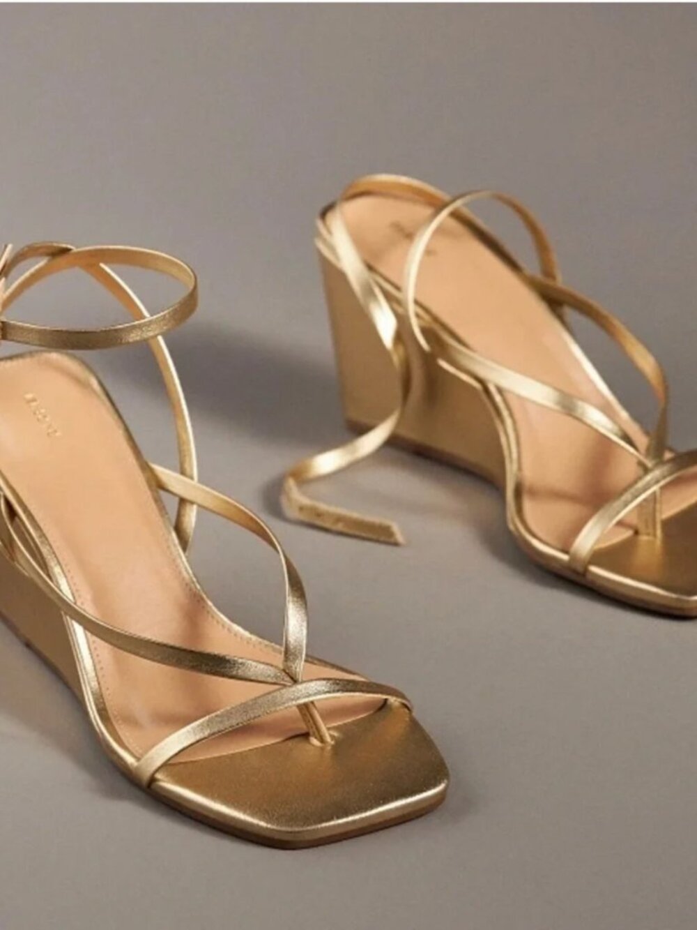 Anthropologie Maeve Gold Leather Strappy Wedge Heels Size 8 Square Toe